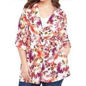 Lane Bryant Pink Floral Crepe Kimono Top 22/24 Plus Belted Spring Boho NWT